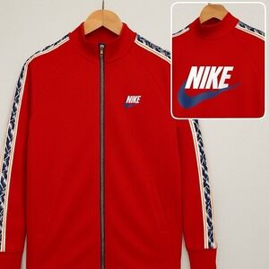 Nike Red Full Zip Track Jacket Mens Small Retro Logo Tape Sleeve Swoosh Spellout